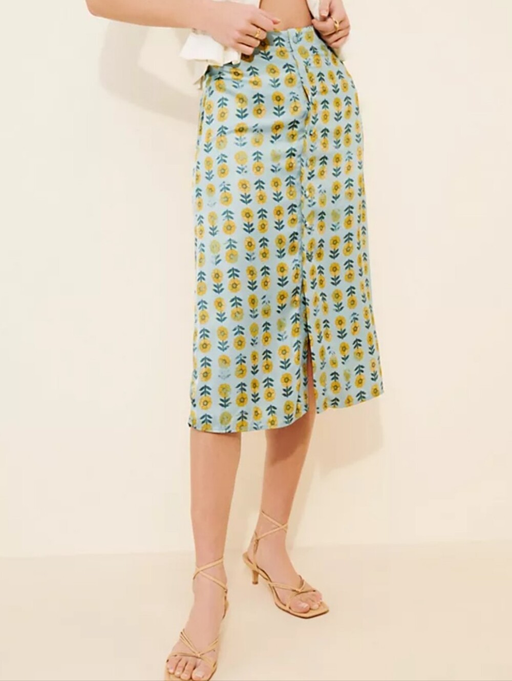 Free People Analise Light Blue Midi Skirt with Yellow Floral Print Size 4
